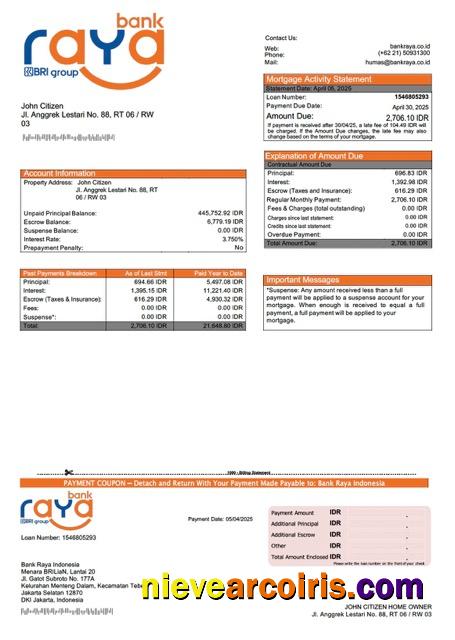 Indonesia Bank Raya Indonesia mortgage statement Word and PDF template